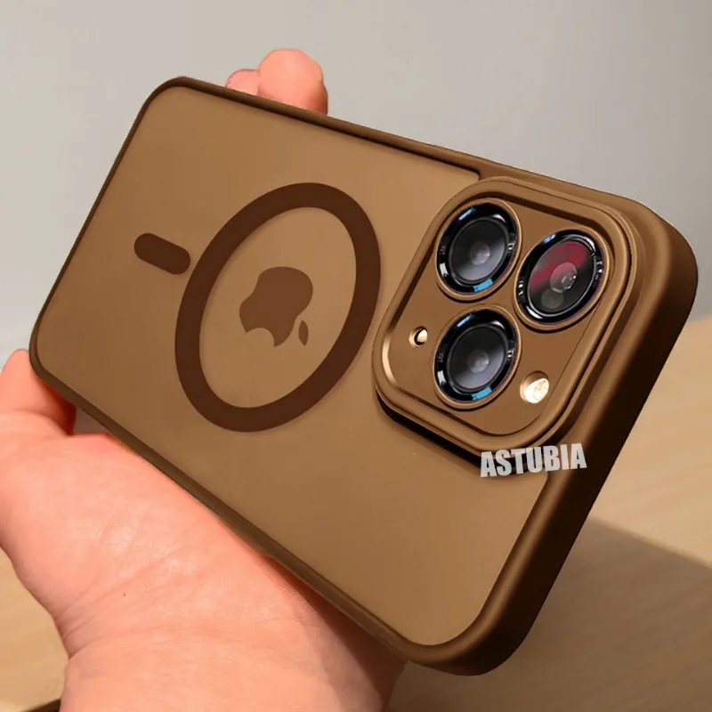 Nový obyčajný magnetický hnedý šošovkový puzdro pre iPhone 16 15 14 13 12 11 11 Pro Max Plus Kompatibilný bezdrôtový kryt nabíjania