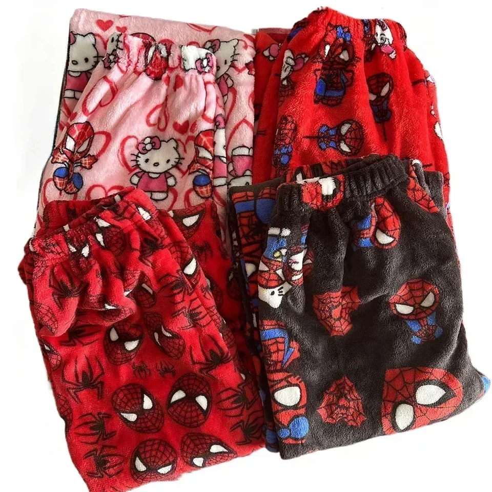 Nový pavúk muž Sleeping Pants Anime Hello Kitty pyžama nohavice flanel Mäkké príležitostné nohavice karikatúry domáce nohavice pár