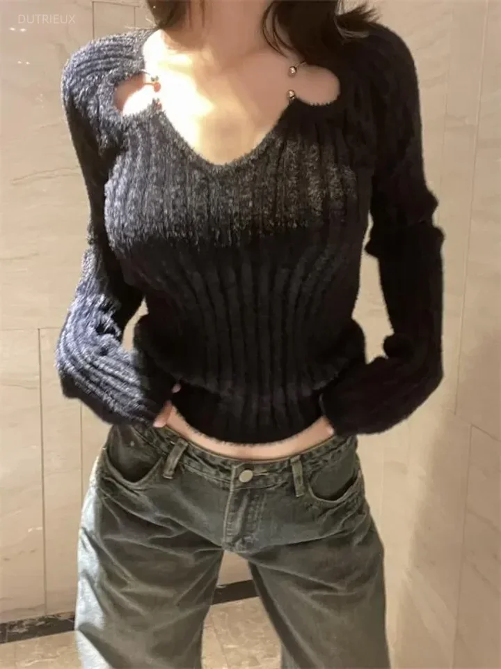 Nový prsteňový svetový sveter Ženy y2k estetické pletené vintage orezané pullover Sueter Mujer Harajuku s dlhým rukávom grunge pull femme