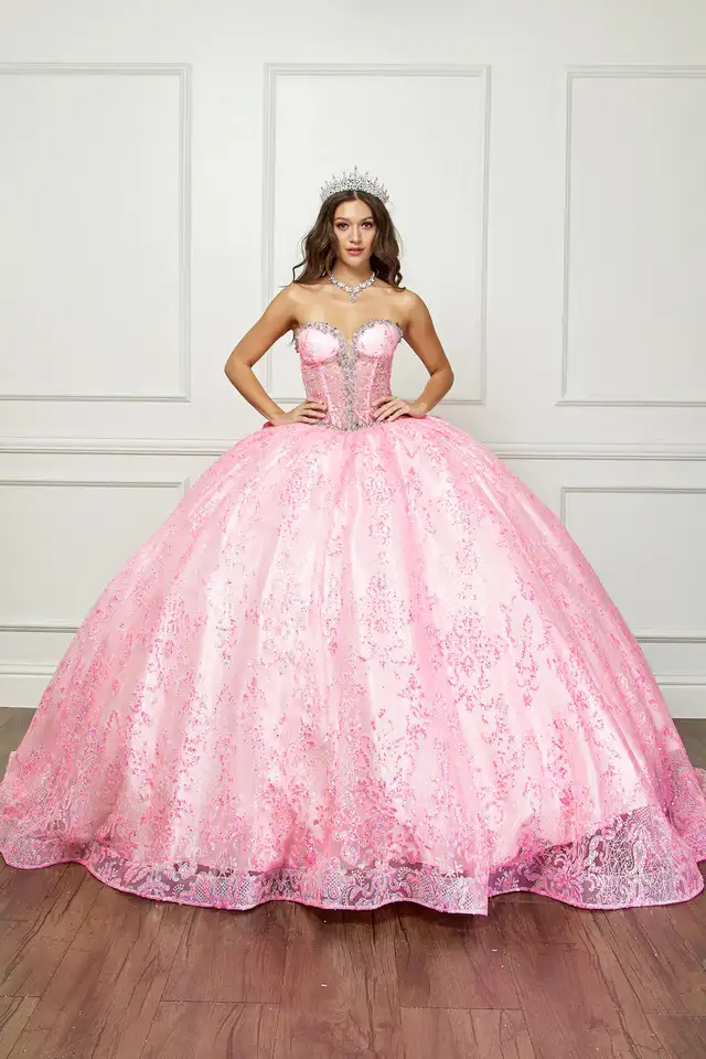 Nový príchod bez ramienok zlatíčko bez rukávov ilúzia korálkový kvetinový aplikovaný guľôčkový šaty quinceanera šaty