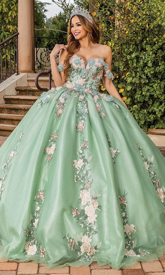 Nový príchod bez rukávov z ramena kvetinové aplikácie Classic Style Organza Ball Gown Quinceanera šaty