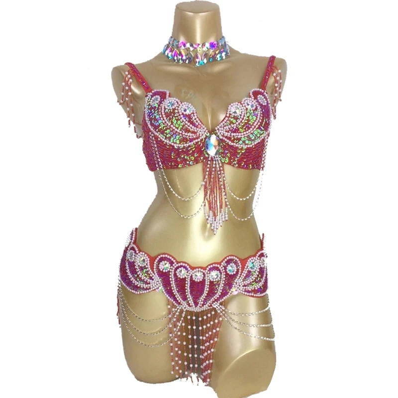 Nový príchod dámsky korálkový tanečný kostým Wear Wear+Belt Set Sexy dámy Karneval kostýmy oblečenie narodeninové šaty luxus
