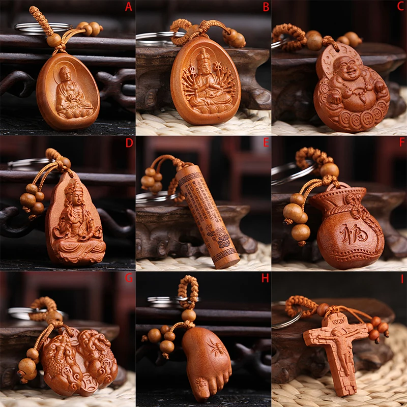 Nový príchod Hot Predaj Lucky šperky broskyňové drevené rezbárstvo Buckle Buddha prívesok Key Key Rings for Car Bag Keyring