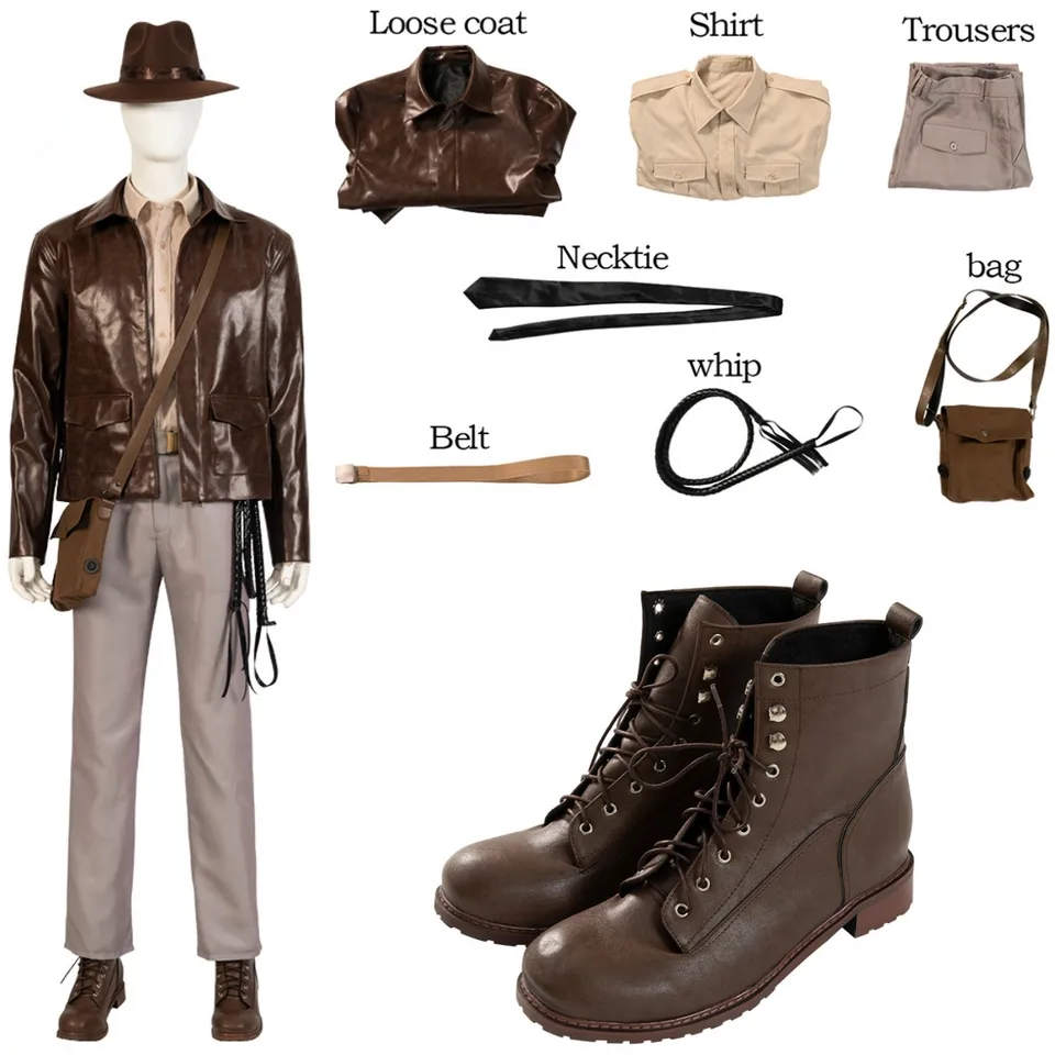 Nový príchod Indiana Jones Cosplay kostým faux kožená bunda a príslušenstvo vlastná veľkosť