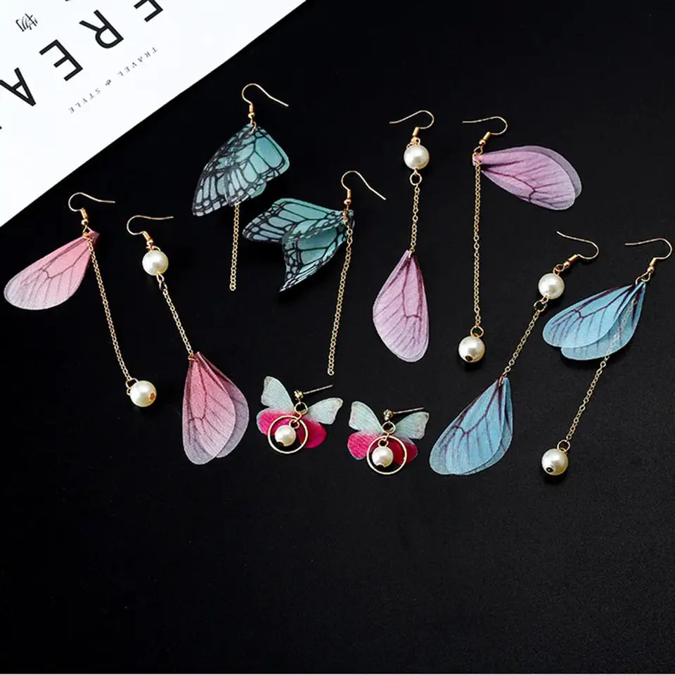 Nový príchod módny Tulle Butterfly Wing náušnice Diy ručne vyrábané náušnice pre ženy Dievčatko Party šperky darček