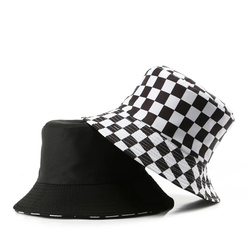 Nový príchod obojstranné rybárske klobúky Men Ženy Outdoor Sunshade Panama Bucket ins hip hop divoký príliv bavlna Plaid Cap H135
