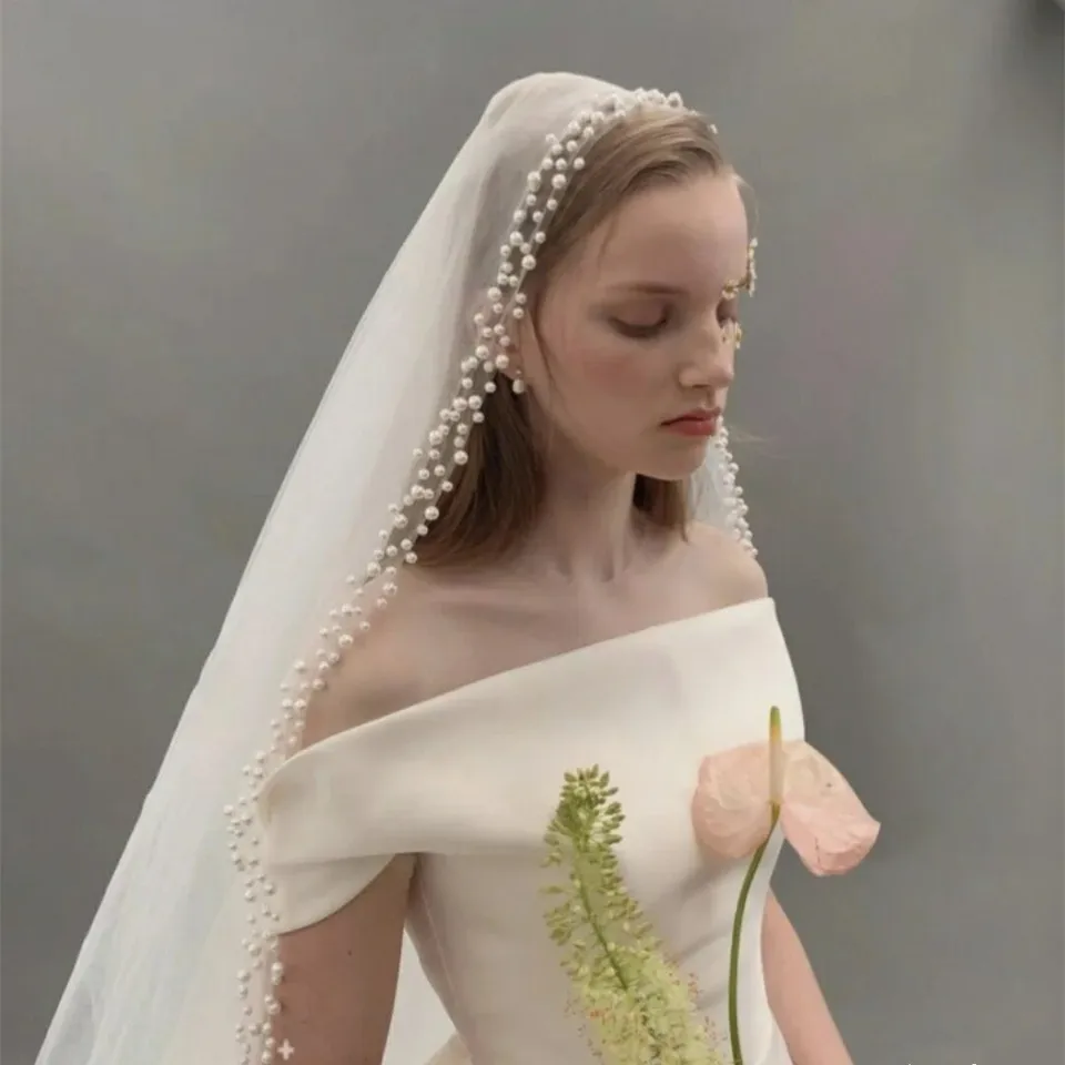 Nový príchod perly korálky biele slonoviny Champange 1,5 metrov šírka 3 metrov dlhá nevesta závoj Cape Mariage Femme اكسوارا ta الزفاف