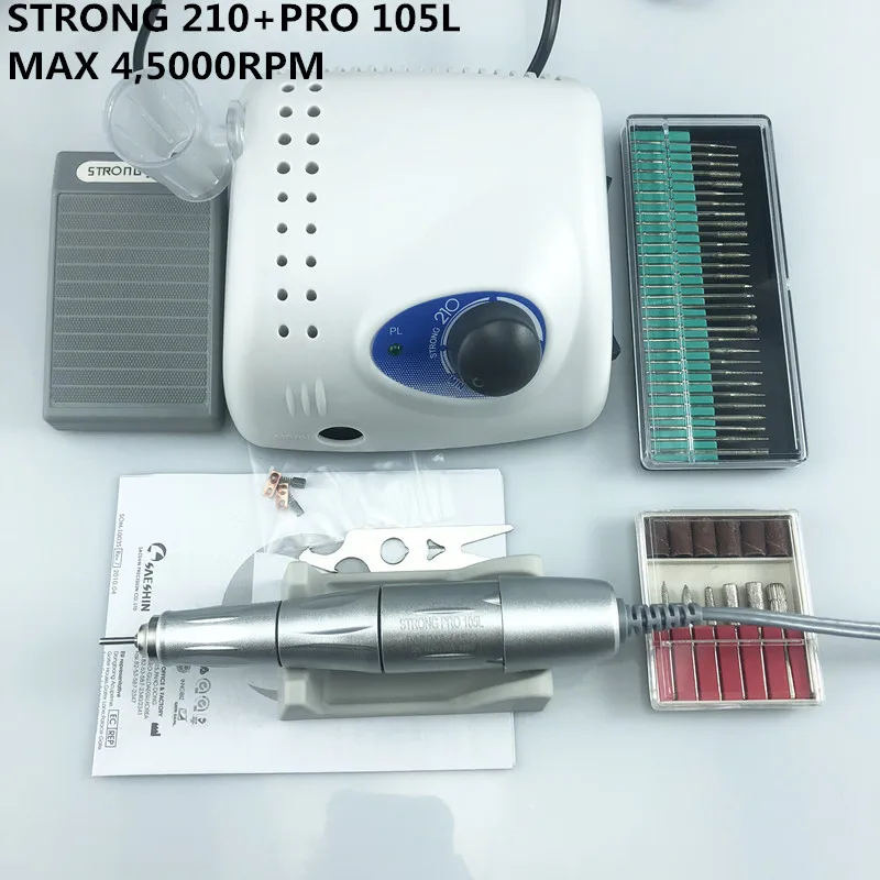 Nový príchod Strong 210 PRO 105 105L ZAMIENKA 65W 45000RPM NÁVETKY Vŕtačky MANICÚRA Pedikúru Elektrické súbory súborov
