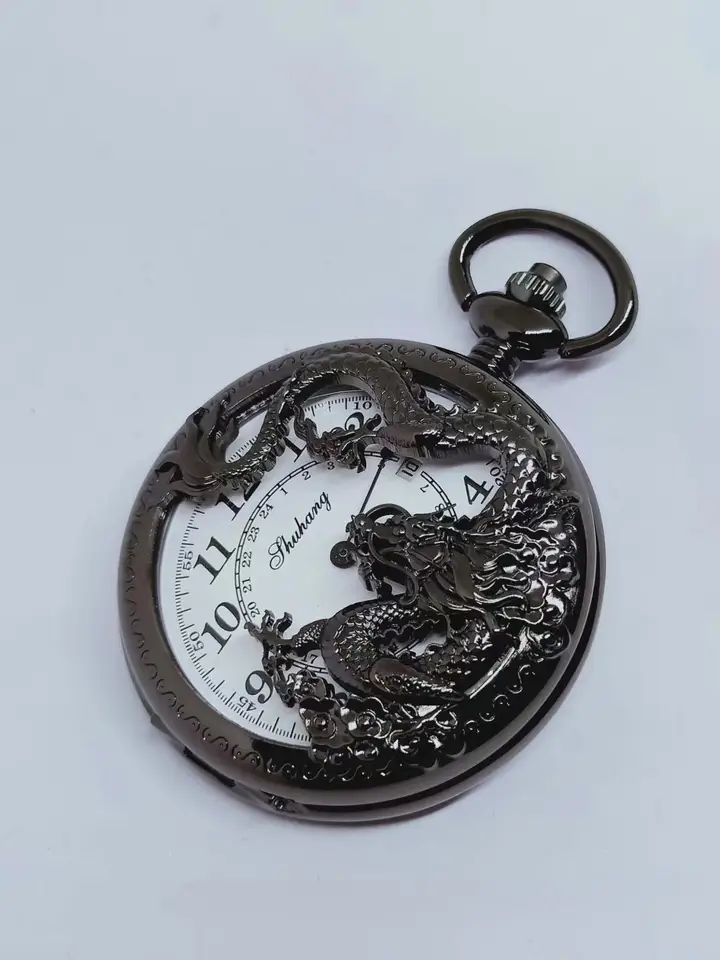 Nový príchod Čierny dutý drak Mechanické vreckové hodinky s dátumom vintage priehľadné vreckové hodinky na hodinky s dátumom s dátumom