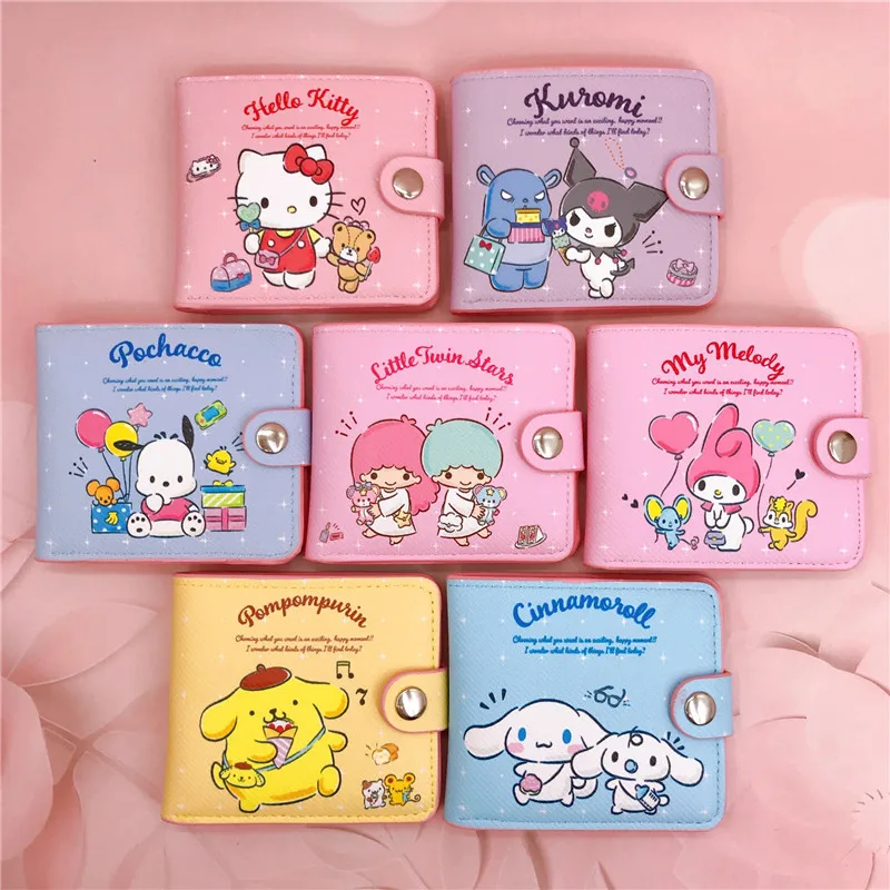 Nový Pu Sanrio Peňaženka Príležitostná krátka peňaženka KT Cinnamoroll Dog Kurumi Card Card Peňaženka s gombíkom anime mincové bankové ukladacie taška