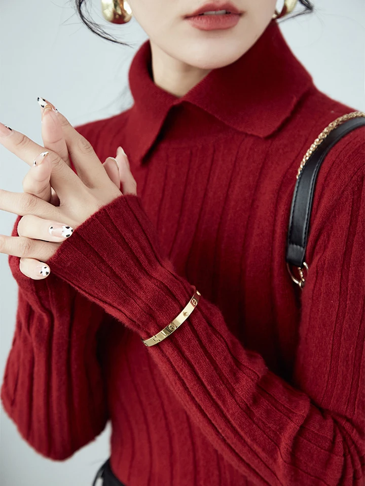 Nový pólový golier Dámsky pletený sveter s dlhým rukávom Slim Fit Pulloves for Women Autumn Winter Swetres Mäkké teplé spodné vrcholy