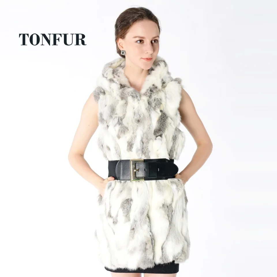 Nový reálny rex králičie kožušinová vesta s kapucňou Ženy Slim Rex Rabbit Curr Cor Cors Winter Fur Bunda