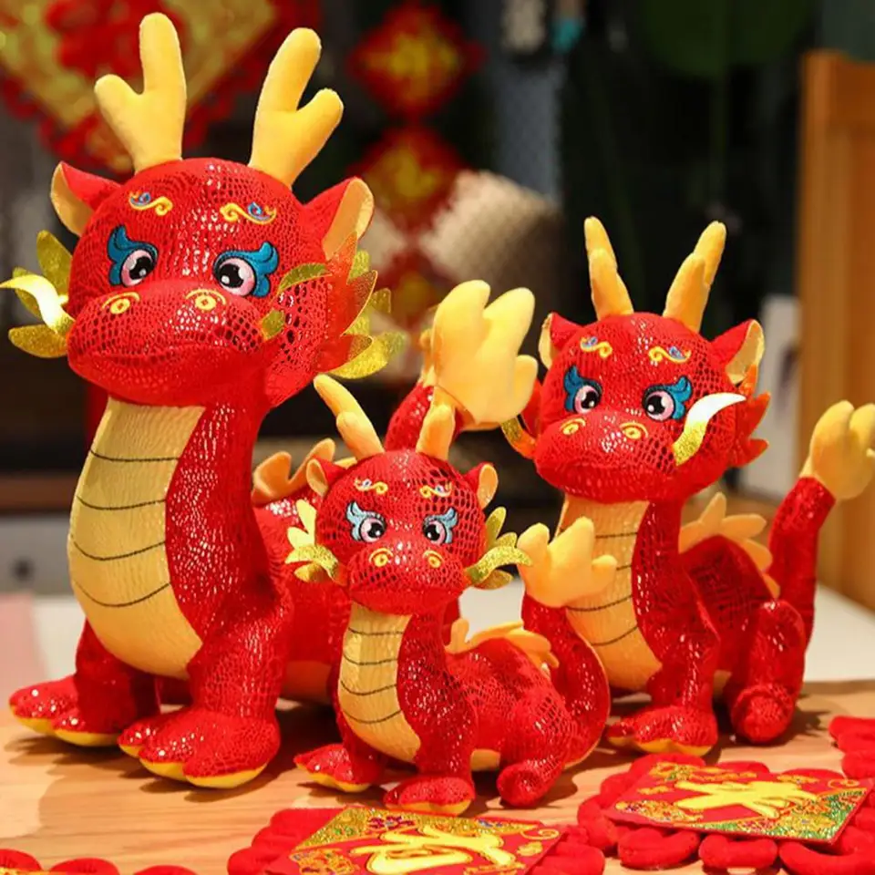 Nový rok 2024 Karikatúra Dragon Family Plush Cushion Čínsky zvodiac drak maskot Kawaii plnený zvierat