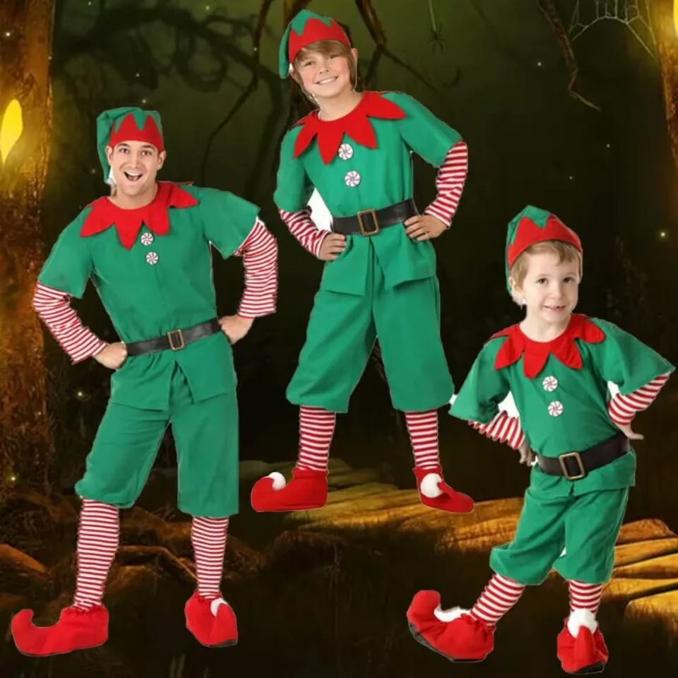 Nový rok 2024 vianočné kostýmy Elf Kost Kid Dospelé dievča Fancy Dress Family Matching Outfits Vianoce oblek zelený cosplay oblečenie