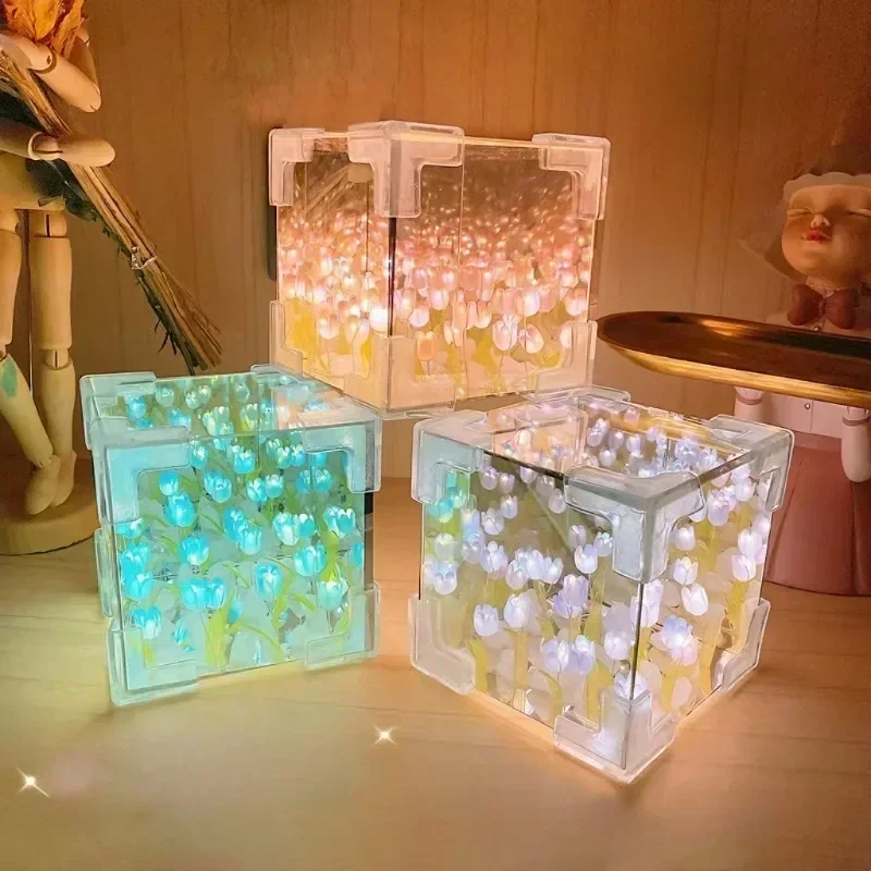 Nový rok domácich majstrov dekoratívnych svetelných škatúľ -Tulip Flower Sea Cube 3D malá nočná lampa Materiál pre pár darčekov pre priateľku