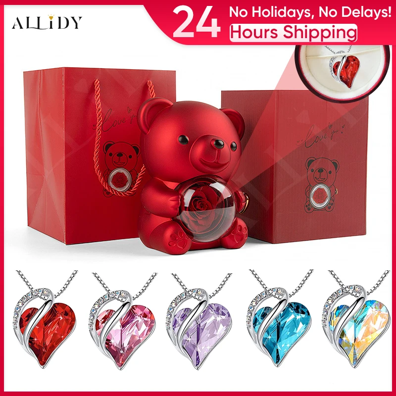 Nový rotujúci medveď Rose Jewelry Box s krištáľovým kamenným náhrdelníkom pre priateľku manželka Deň matiek na Valentína vianočné darčeky