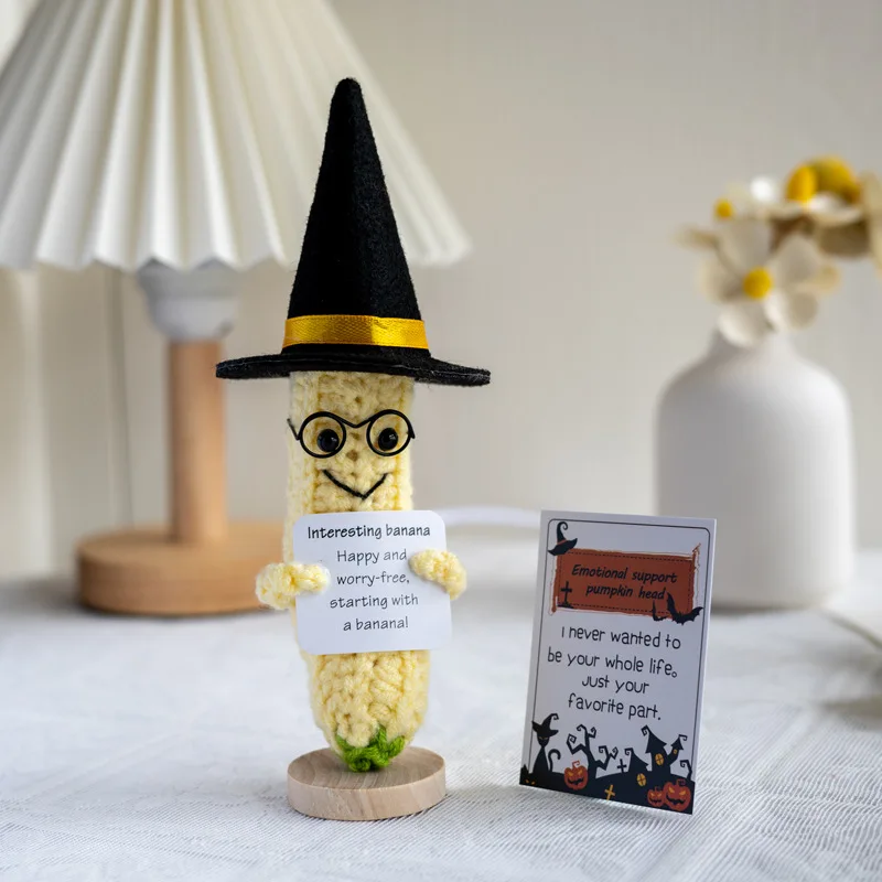 Nový ručne vyrobený pletená bábika Banán s pozitívnou energiou s kartou Halloween Domáca dekorácia roztomilý háčkovaný tekvica bábika