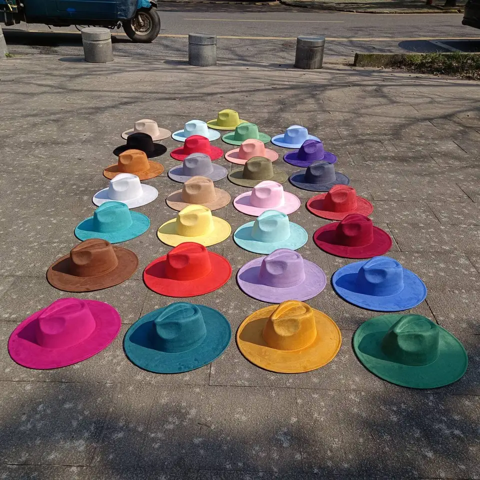 Nový semišový klobúk fedora 9,5 cm široké okrajové semišové klobúky pre ženy a muži ručne šité jesenné zimné jazzové klobúky módna kaplnka femme шля9