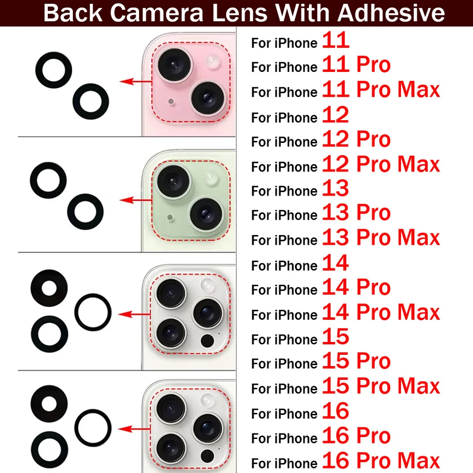 Nový sklenený sklenený šošovkový šošovkový sklenený sklenený sklenený objektív pre iPhone 11 12 13 14 15 16 Pro Max Plus Mini s lepiacou nálepkou