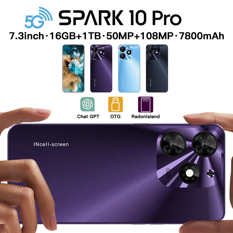 Nový smartphone 5G Spark 10 Pro 7,3-palcový Android Dimensity 9200+ Mobilné mobilné telefóny 10Core Dual SIM Phone 7800 mAh odomknutia mobilných telefónov