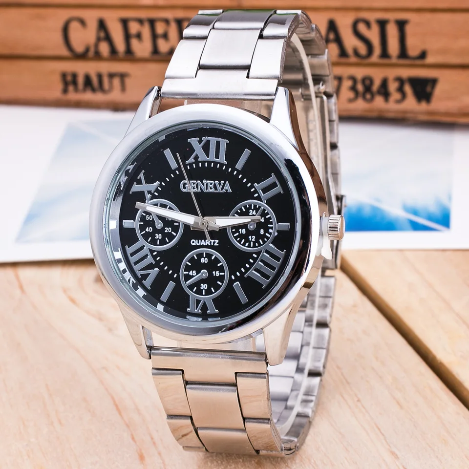 Nový strieborný Ženeva Casual Quartz Watch Women Dámske šaty z nehrdzavejú