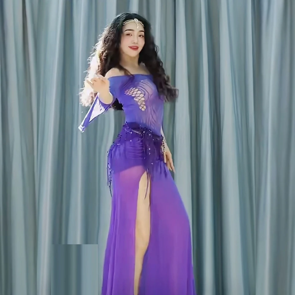 Nový tanečný kostým Belly Dance s dlhým rukávom s jednou líniou krku top+sexy štíhle rozdelenie sukne Oriental Dance Professional Performance Set