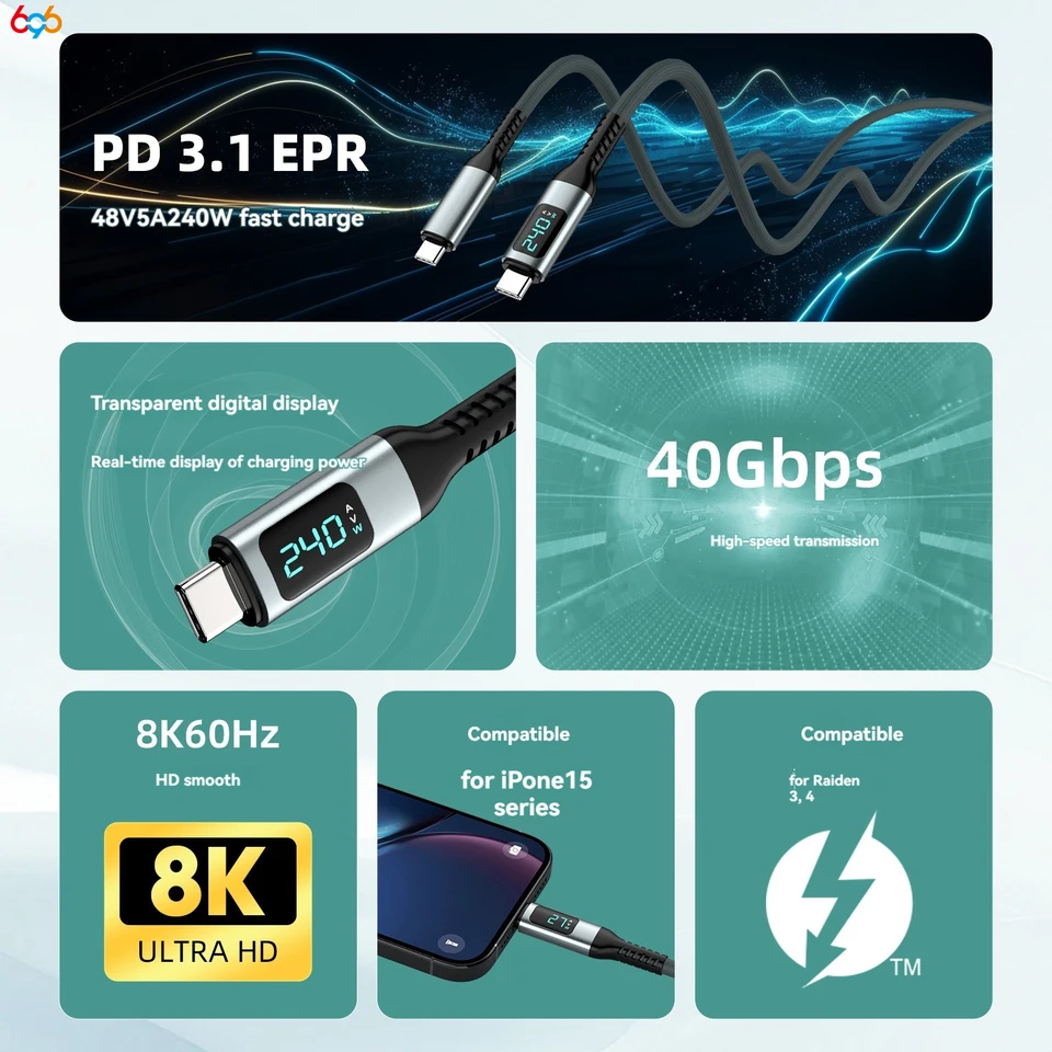 Nový typ C Rýchle nabíjanie 240W Digitálne zobrazovacie káble 40 GBPS 80K 60 Hz pre projekčný kábel mobilného telefónu 3 v 1 nabíjací kábel