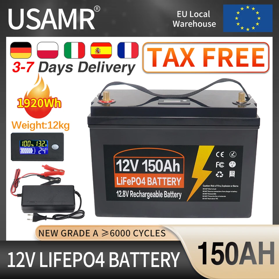 NOVÝ USAMR 12,8 V 150AH LIFEPO4 batéria 12 V litiumfosforečnerné batérie cykly invertor automobilu zapaľovač Solar Solar EÚ zadarmo