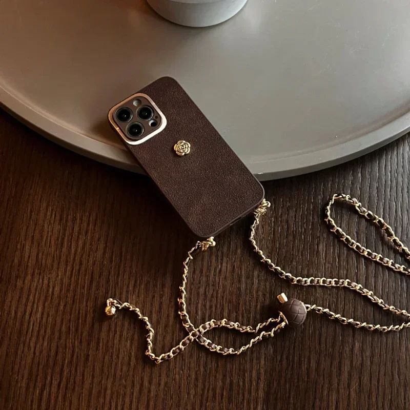 Nový vhodný pre iPhone 15 telefónny prípad 14Promax Camellia Zlatá guľa Crossbody 11 12 13Pro nastaviteľná xs xsmax xrprotekcia kryt