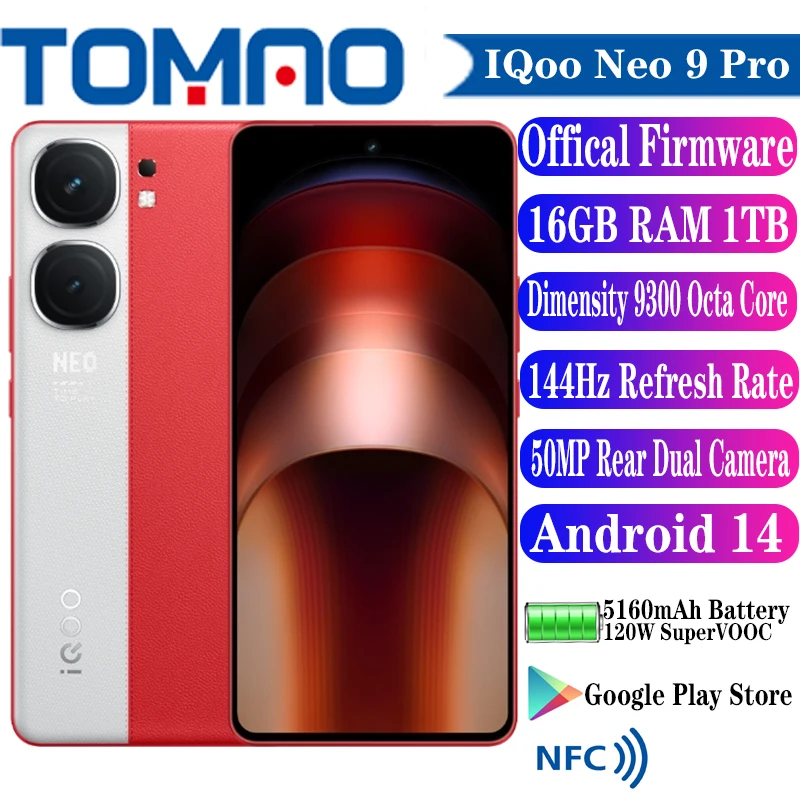 NOVÝ VIVO IQOO NEO 9 PRO 5G Smartphone Android 14 6.78inch 144Hz 5160MAH 120W Dimensity 9300 OCTA Core 50MP zadných duálnych kamier NFC NFC
