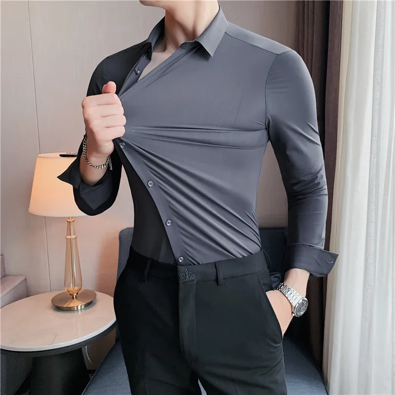 Nový známkový proces natiahnite anti-vrámok Špeciálny dizajn čisto farebná košeľa tričko s dlhým rukávom Slim Fit Fit Easy Cara Carare Inteligentná košeľa
