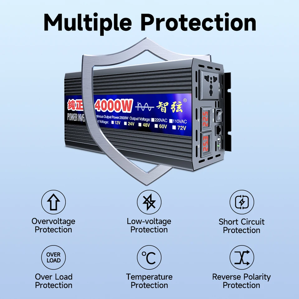 Nový čistý invertor sínusových vĺn 2000W 3000W 4000W Power Solar Car Inverters s LED displejom DC 12V 24V na AC 220V napätie prevodníka