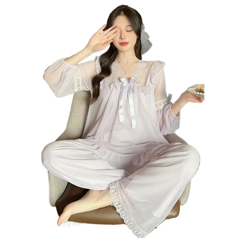 Nový čistý palác palác Wind Gauze Pajama Ženy Jarné jesenné salónik Sladký luk s dlhým rukávom Modálne domáce oblečenie s hrudnou podložkou