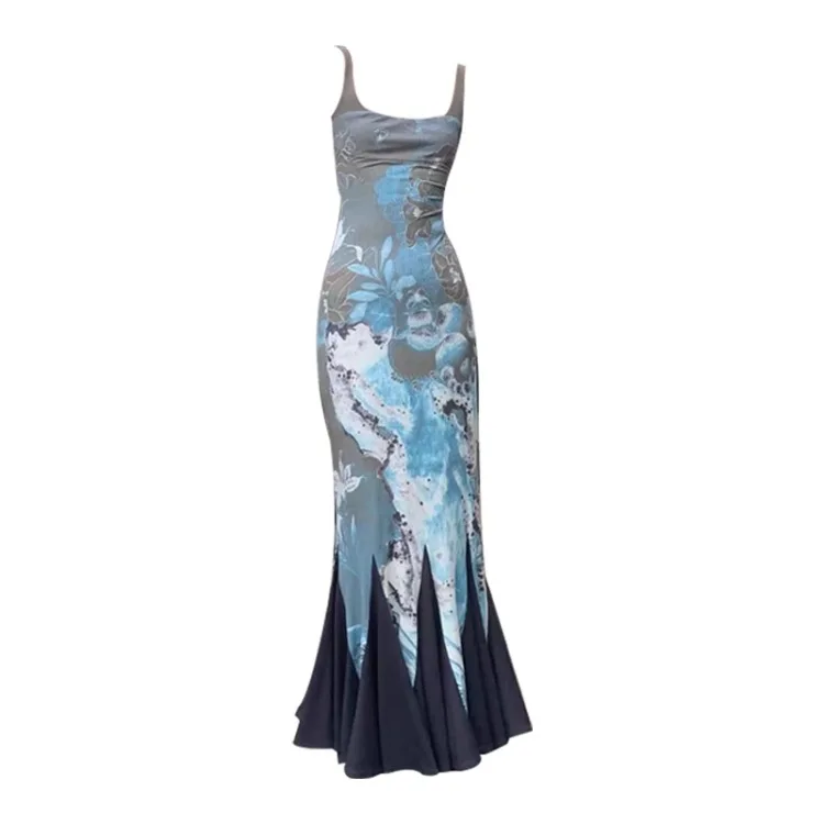 Nový čínsky štýl Tlač CAMISOLE Šaty pre ženy Y2K Sexy Slim PAISL Bodycon Dresses 2025 leto New Ruched Vestidos Mujer