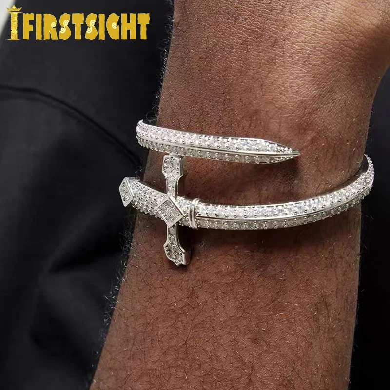 Nový ľadový bling cz spravodlivý meč náramok zlaté strieborné farby kubický zirkónový krížový náramok pre ženy hiphop šperky