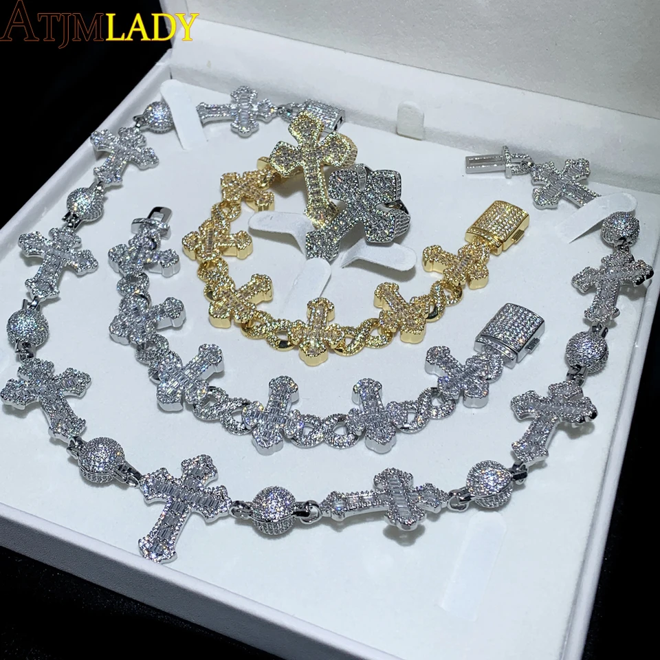 Nový ľadový guľový nekonečný krížový náhrdelník pre mužov Ženy bling kubický zirkónia kubánsky reťazový krížový prsteň náramok hip hop šperky sada šperkov