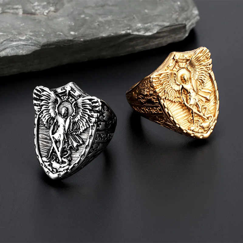 Nový šperk Archanjel Michael Ring for Men Gold Black Color 316L z nehrdzavejúcej ocele mužské darčekové šperky