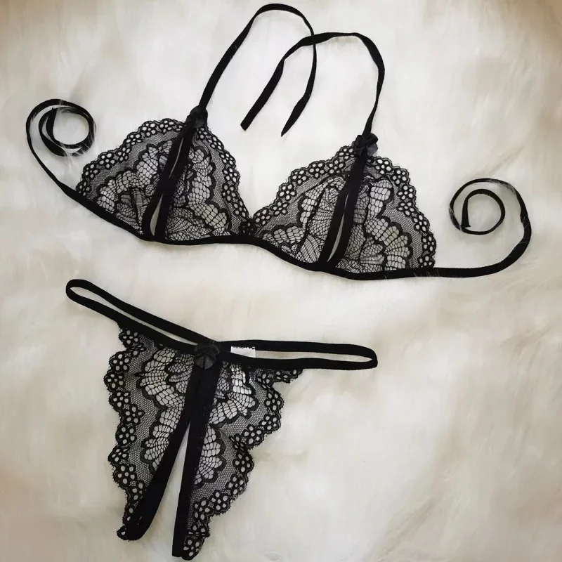 Nový štýl erotický trojbodový spodný prádlo set dámsky čipkovaný Domwlowed Out Non nastaviteľné spodné prádlo Sexy Crotchless s nízkym pásom G-String