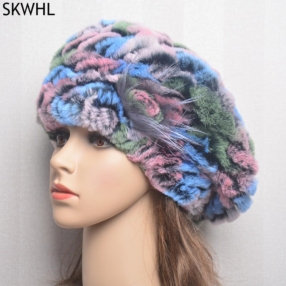 Nový štýl Lady Beret Caps pletené skutočné rex králičie kožušinové čiapky klobúk Ženy zima rex králičie kožušinové klobúky