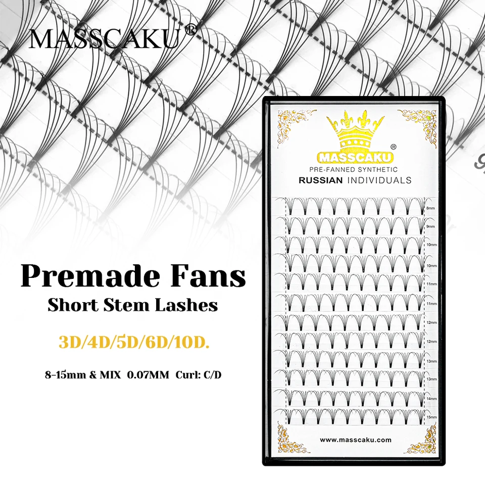 Nový štýl Masscaku Dlhodobý 3D s krátkym kmeňovým predškolským ventilátorom Lashes 8-15 mm a mix s veľkosťou mäkkého ruského objemu breh pre kozmetické salón