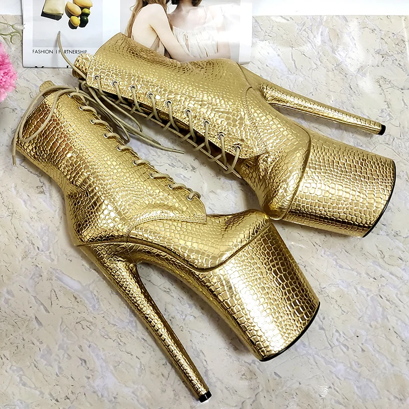 Nový štýl sexy motocykel šnuruje 20 cm zlaté pólové tanečné topánky členok topánky Platforma Gladiator Nightclub 8 palcov vysoké podpätky Exotické