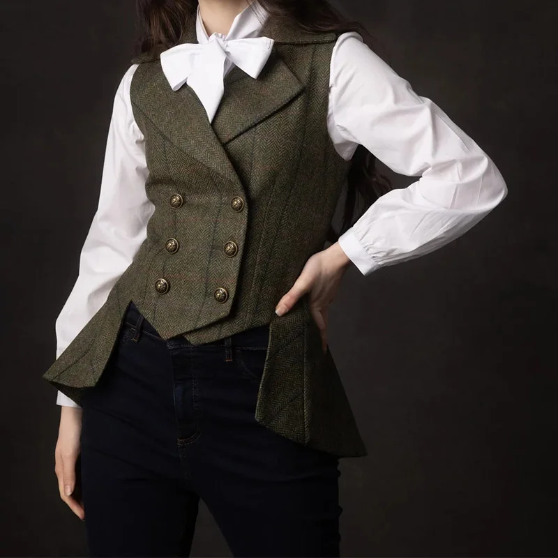 Nový štýl Tuxedo Dámsky oblek skontrolujte vestu sleď kosť Tweed Double Breasted Elegantné dámske bundy najlepšie kabáty oblečenie płaszcz
