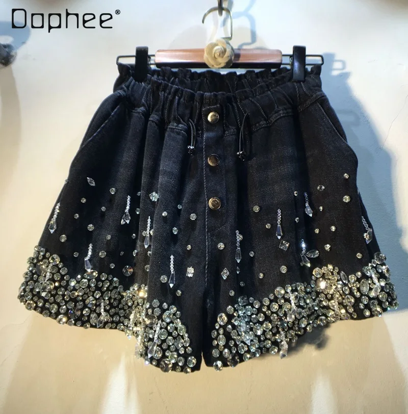 Nový Ťažký priemysel Tassel guľôčky Diamond High Was Slimming Wide-Leg Denim Denim Shorts