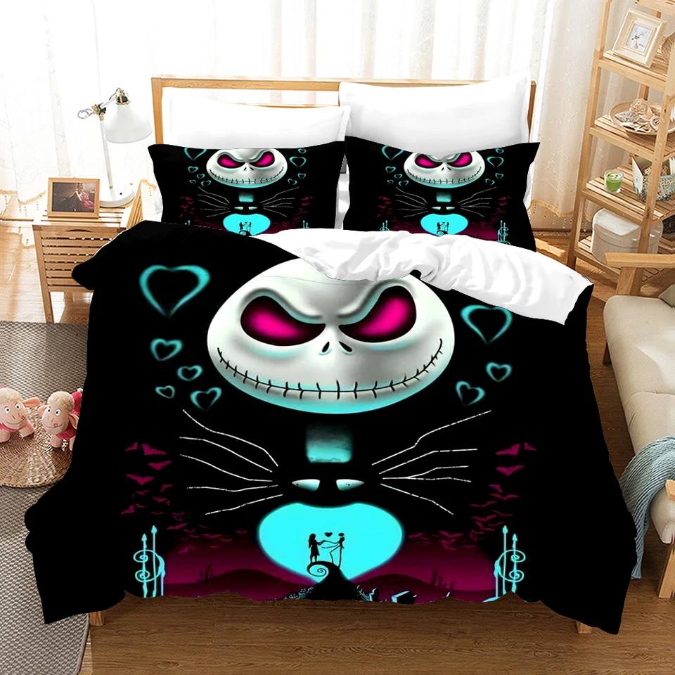 Nočná mora pred vianočnými obliečkami s vankúšom s vankúšovým krytom postele Jack a Sally 3D lebka vianočná posteľná bielizeň set spálne dekor