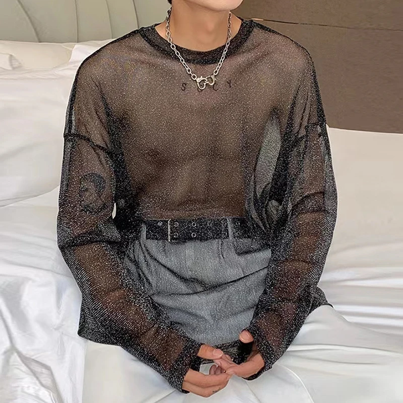 Nočné kluby Tops Pánske sexy priehľadné trblietavé tričká módy s dlhým rukávom o krk Pozrite sa cez základné vrcholy mužov Streetwear Tees
