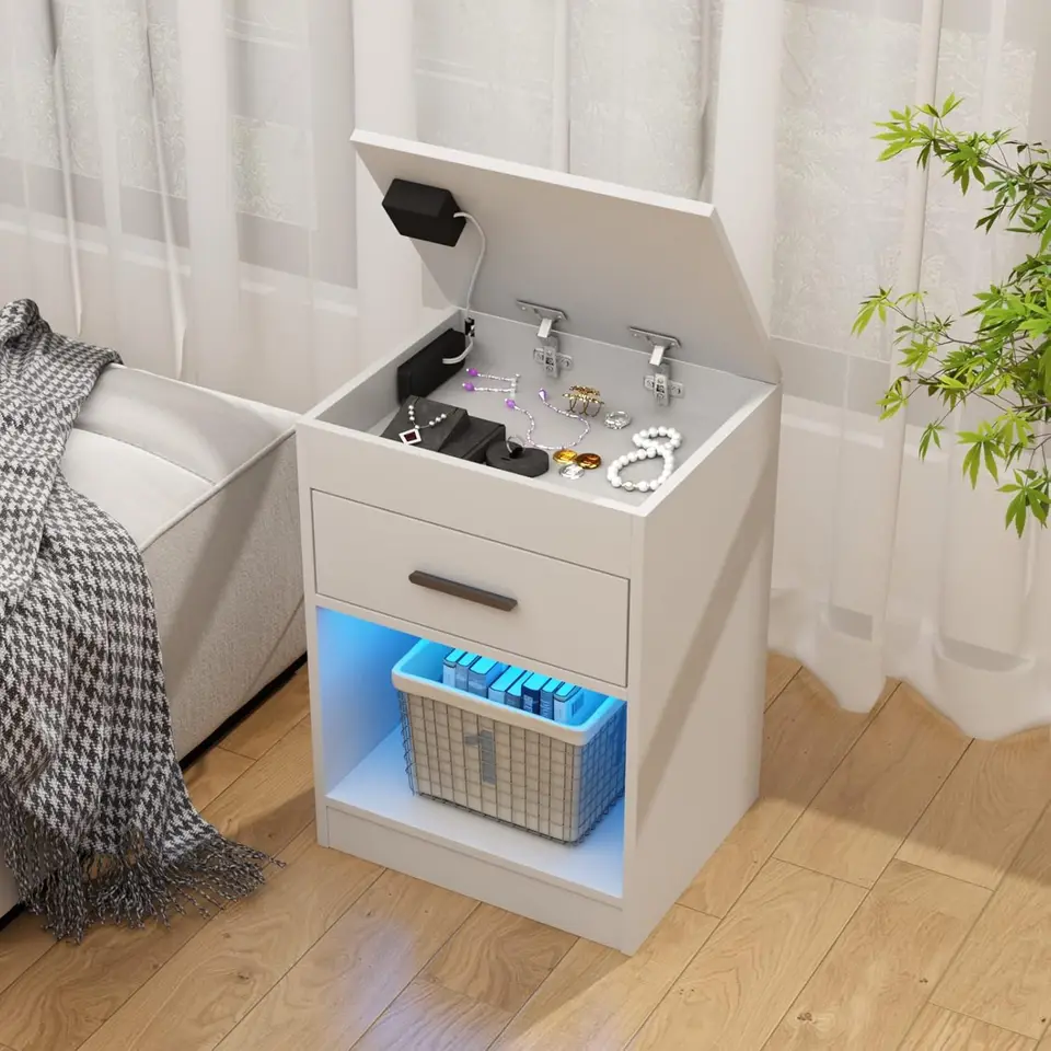 Nočný stolík s nabíjacou stanicou a LED svetlami nábytok zatajenia RFID Lock Cabinet Supersing Outlets lôžko skrytý