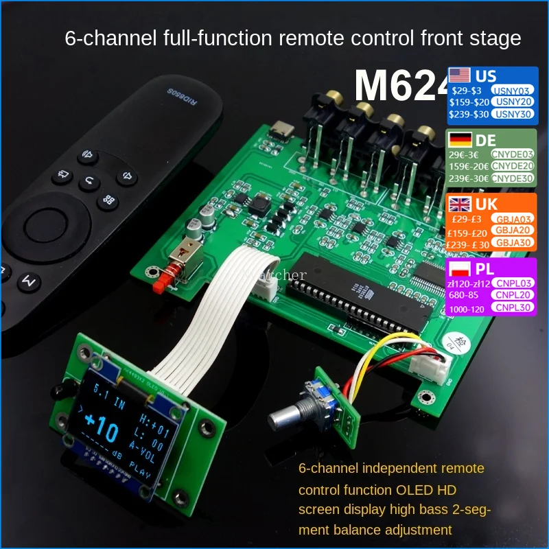 NVarcher M62446 PREAMP 5.1 6 kanál Plne nezávislý displej OLED diaľkového ovládača