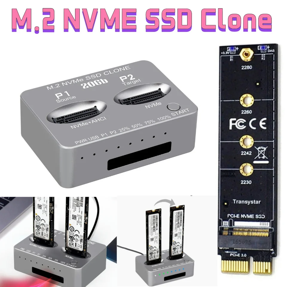 NVME dokovacia stanica 20 Gbps Dual-Bay M.2nvme SSD Clone USB3.2 Typec Externý kryt pevného disku M/BM kľúč M.2.2.3 NVME PCI-E