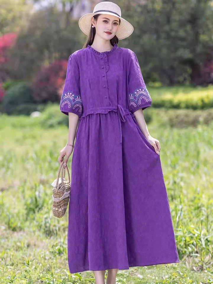 NYFS 2024 Spring Autumn Nové výšivky Žena Vestidos Rúch ete femme ellbise voľné bavlnené ľanové bielizeň polovičné rukávy dlhé šaty