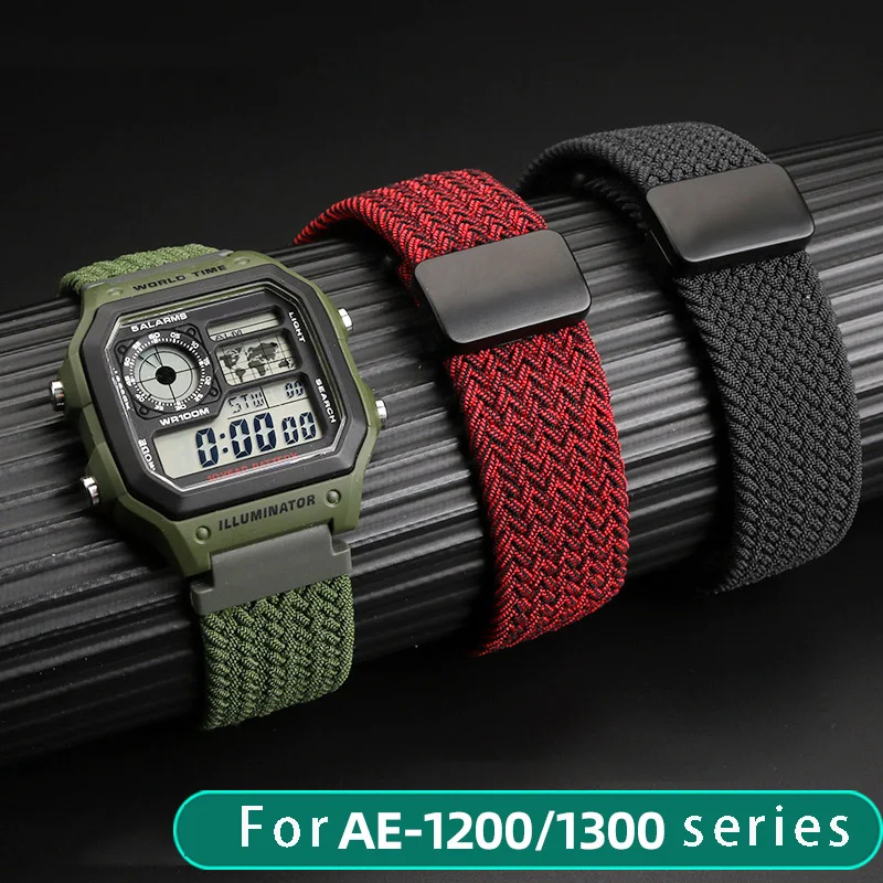 Nylon Braided WatchBand pre Casio AE-1300 AE-1500 AE-1200 Series Nylon Braided Watch remienok 18 mm elastické magnetické náramok